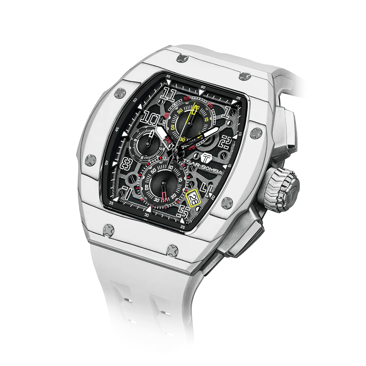 The TSAR BOMBA Atomic TB8214CF carbon fiber tonneau quartz watch. carbon fiber white bezel and fluororubber interchangeable white strap.  The Multifunction dial design, the multifunction dial features a chronograph minute sub-dial at the 12 o'clock position, a date display between the 4 and 5 o'clock positions, a seconds sub-dial at the 6 o'clock position, and an hour chronograph sub-dial at the 9 o'clock position. --Left three-quarter-angled-view