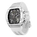 The TSAR BOMBA Atomic TB8214CF carbon fiber tonneau quartz watch. carbon fiber white bezel and fluororubber interchangeable white strap.  The Multifunction dial design, the multifunction dial features a chronograph minute sub-dial at the 12 o'clock position, a date display between the 4 and 5 o'clock positions, a seconds sub-dial at the 6 o'clock position, and an hour chronograph sub-dial at the 9 o'clock position. --Left three-quarter-view
