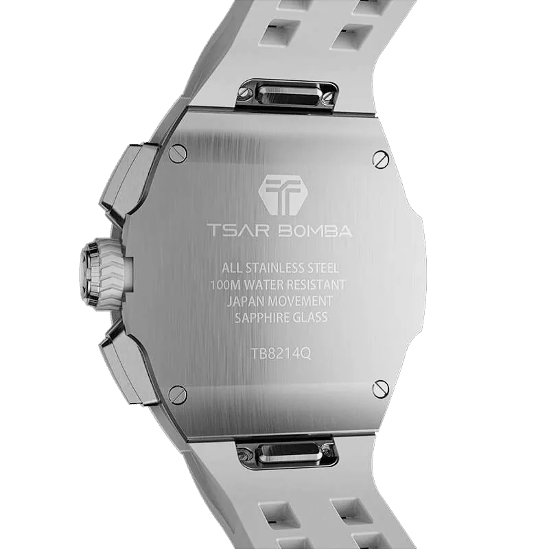 The TSAR BOMBA Atomic TB8214CF carbon fiber tonneau quartz watch. carbon fiber white bezel and fluororubber interchangeable white strap.  The Multifunction dial design, the multifunction dial features a chronograph minute sub-dial at the 12 o'clock position, a date display between the 4 and 5 o'clock positions, a seconds sub-dial at the 6 o'clock position, and an hour chronograph sub-dial at the 9 o'clock position. --Rear-view