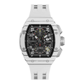 The TSAR BOMBA Atomic TB8214CF carbon fiber tonneau quartz watch. carbon fiber white bezel and fluororubber interchangeable white strap.  The Multifunction dial design, the multifunction dial features a chronograph minute sub-dial at the 12 o'clock position, a date display between the 4 and 5 o'clock positions, a seconds sub-dial at the 6 o'clock position, and an hour chronograph sub-dial at the 9 o'clock position. --Front-view