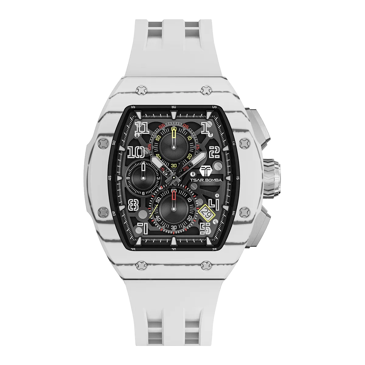 The TSAR BOMBA Atomic TB8214CF carbon fiber tonneau quartz watch. carbon fiber white bezel and fluororubber interchangeable white strap.  The Multifunction dial design, the multifunction dial features a chronograph minute sub-dial at the 12 o'clock position, a date display between the 4 and 5 o'clock positions, a seconds sub-dial at the 6 o'clock position, and an hour chronograph sub-dial at the 9 o'clock position. --Front-view
