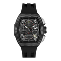 The TSAR BOMBA Atomic TB8214D interchangebale tonneau quartz watch. cubic-zirconia-bezel-and-black-interchangeable strap.  The Multifunction dial design, the multifunction dial features a chronograph minute sub-dial at the 12 o'clock position, a date display between the 4 and 5 o'clock positions, a seconds sub-dial at the 6 o'clock position, and an hour chronograph sub-dial at the 9 o'clock position. --Front-view