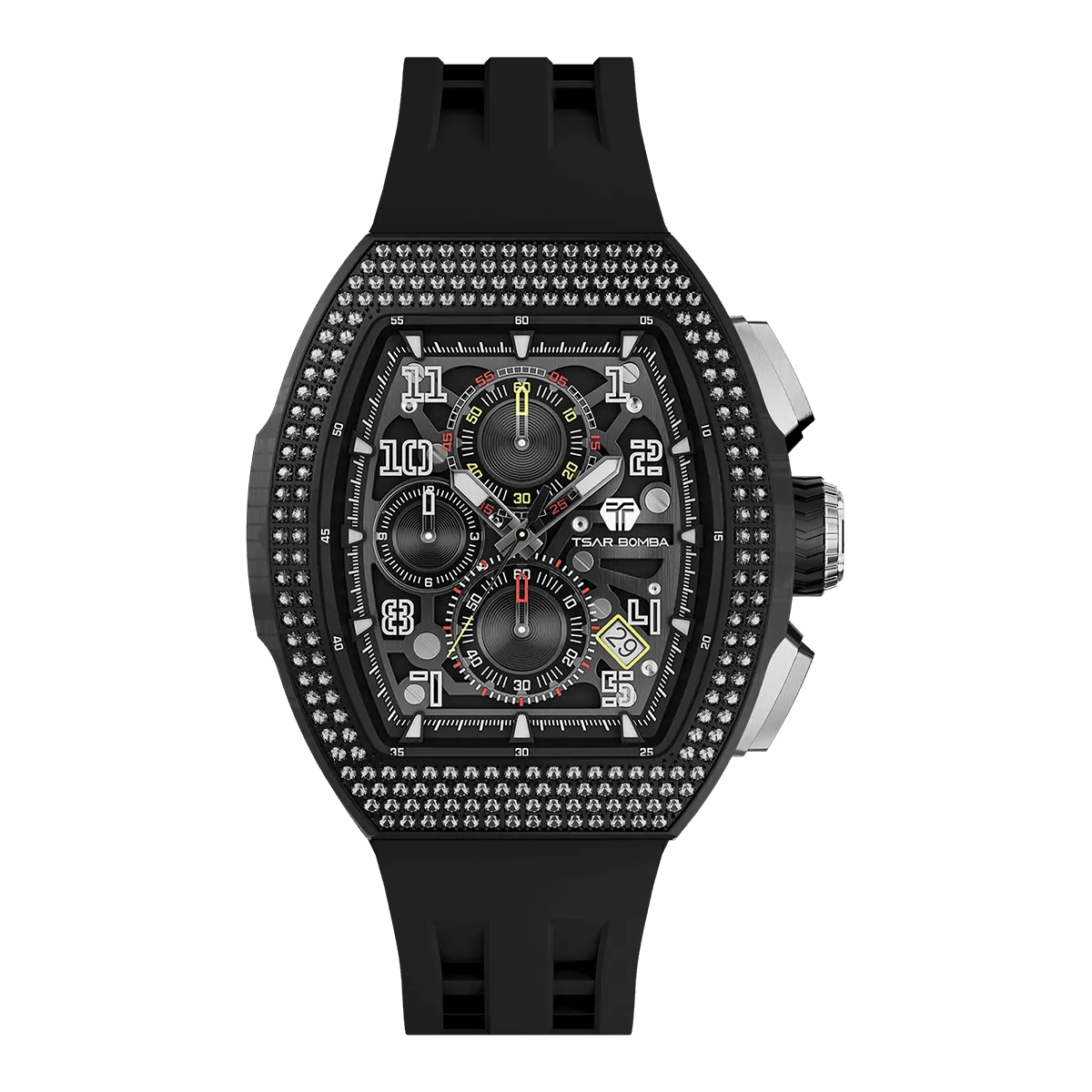The TSAR BOMBA Atomic TB8214D interchangebale tonneau quartz watch. cubic-zirconia-bezel-and-black-interchangeable strap.  The Multifunction dial design, the multifunction dial features a chronograph minute sub-dial at the 12 o'clock position, a date display between the 4 and 5 o'clock positions, a seconds sub-dial at the 6 o'clock position, and an hour chronograph sub-dial at the 9 o'clock position. --Front-view