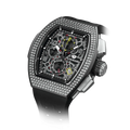 The TSAR BOMBA Atomic TB8214D interchangebale tonneau quartz watch. cubic-zirconia-bezel-and-black-interchangeable strap.  The Multifunction dial design, the multifunction dial features a chronograph minute sub-dial at the 12 o'clock position, a date display between the 4 and 5 o'clock positions, a seconds sub-dial at the 6 o'clock position, and an hour chronograph sub-dial at the 9 o'clock position. --Left three-quarter-angled-view