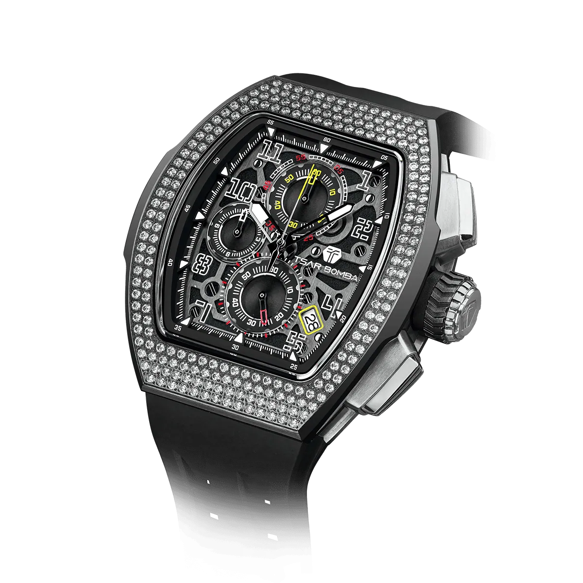 The TSAR BOMBA Atomic TB8214D interchangebale tonneau quartz watch. cubic-zirconia-bezel-and-black-interchangeable strap.  The Multifunction dial design, the multifunction dial features a chronograph minute sub-dial at the 12 o'clock position, a date display between the 4 and 5 o'clock positions, a seconds sub-dial at the 6 o'clock position, and an hour chronograph sub-dial at the 9 o'clock position. --Left three-quarter-angled-view