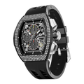 The TSAR BOMBA Atomic TB8214D interchangebale tonneau quartz watch. cubic-zirconia-bezel-and-black-interchangeable strap.  The Multifunction dial design, the multifunction dial features a chronograph minute sub-dial at the 12 o'clock position, a date display between the 4 and 5 o'clock positions, a seconds sub-dial at the 6 o'clock position, and an hour chronograph sub-dial at the 9 o'clock position. --Left three-quarter-view