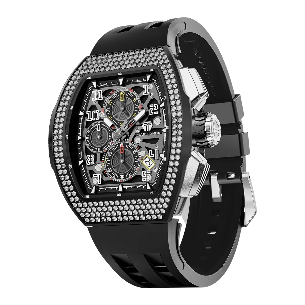 The TSAR BOMBA Atomic TB8214D interchangebale tonneau quartz watch. cubic-zirconia-bezel-and-black-interchangeable strap.  The Multifunction dial design, the multifunction dial features a chronograph minute sub-dial at the 12 o'clock position, a date display between the 4 and 5 o'clock positions, a seconds sub-dial at the 6 o'clock position, and an hour chronograph sub-dial at the 9 o'clock position. --Left three-quarter-view