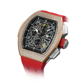 The TSAR BOMBA Atomic TB8214D interchangebale tonneau quartz watch. cubic-zirconia-bezel-and-red-interchangeable strap.  The Multifunction dial design, the multifunction dial features a chronograph minute sub-dial at the 12 o'clock position, a date display between the 4 and 5 o'clock positions, a seconds sub-dial at the 6 o'clock position, and an hour chronograph sub-dial at the 9 o'clock position. --Left three-quarter-angled-view