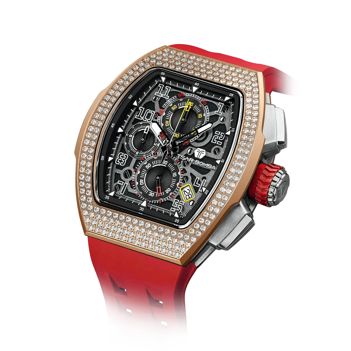 The TSAR BOMBA Atomic TB8214D interchangebale tonneau quartz watch. cubic-zirconia-bezel-and-red-interchangeable strap.  The Multifunction dial design, the multifunction dial features a chronograph minute sub-dial at the 12 o'clock position, a date display between the 4 and 5 o'clock positions, a seconds sub-dial at the 6 o'clock position, and an hour chronograph sub-dial at the 9 o'clock position. --Left three-quarter-angled-view