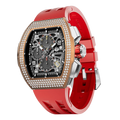 The TSAR BOMBA Atomic TB8214D interchangebale tonneau quartz watch. cubic-zirconia-bezel-and-red-interchangeable strap.  The Multifunction dial design, the multifunction dial features a chronograph minute sub-dial at the 12 o'clock position, a date display between the 4 and 5 o'clock positions, a seconds sub-dial at the 6 o'clock position, and an hour chronograph sub-dial at the 9 o'clock position. --Left three-quarter-view