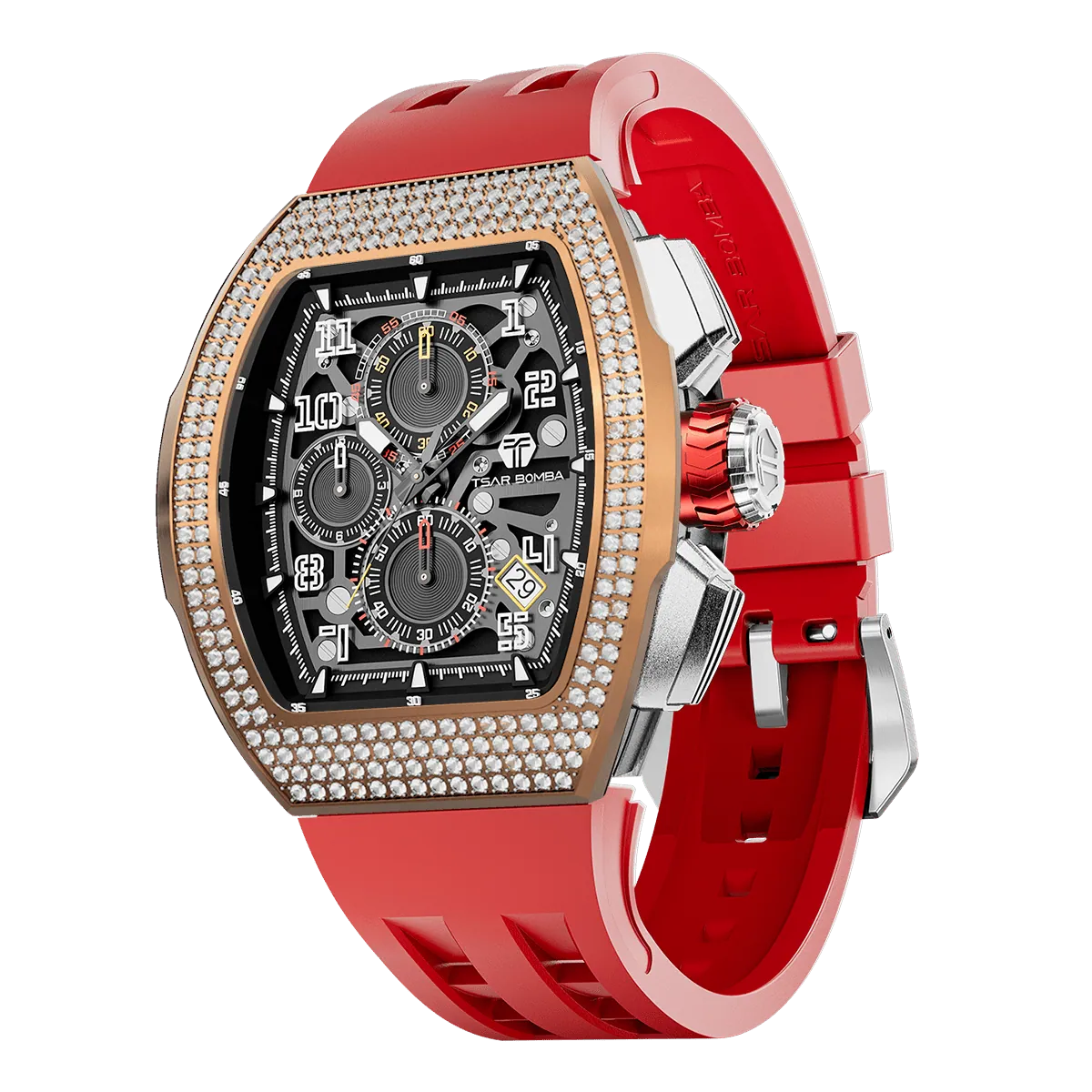 The TSAR BOMBA Atomic TB8214D interchangebale tonneau quartz watch. cubic-zirconia-bezel-and-red-interchangeable strap.  The Multifunction dial design, the multifunction dial features a chronograph minute sub-dial at the 12 o'clock position, a date display between the 4 and 5 o'clock positions, a seconds sub-dial at the 6 o'clock position, and an hour chronograph sub-dial at the 9 o'clock position. --Left three-quarter-view