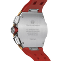 The TSAR BOMBA Atomic TB8214D interchangebale tonneau quartz watch. cubic-zirconia-bezel-and-red-interchangeable strap.  The Multifunction dial design, the multifunction dial features a chronograph minute sub-dial at the 12 o'clock position, a date display between the 4 and 5 o'clock positions, a seconds sub-dial at the 6 o'clock position, and an hour chronograph sub-dial at the 9 o'clock position. --Rear-view