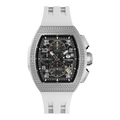 The TSAR BOMBA Atomic TB8214D interchangebale tonneau quartz watch. cubic-zirconia-bezel-and-white-interchangeable strap.  The Multifunction dial design, the multifunction dial features a chronograph minute sub-dial at the 12 o'clock position, a date display between the 4 and 5 o'clock positions, a seconds sub-dial at the 6 o'clock position, and an hour chronograph sub-dial at the 9 o'clock position. --Front-view