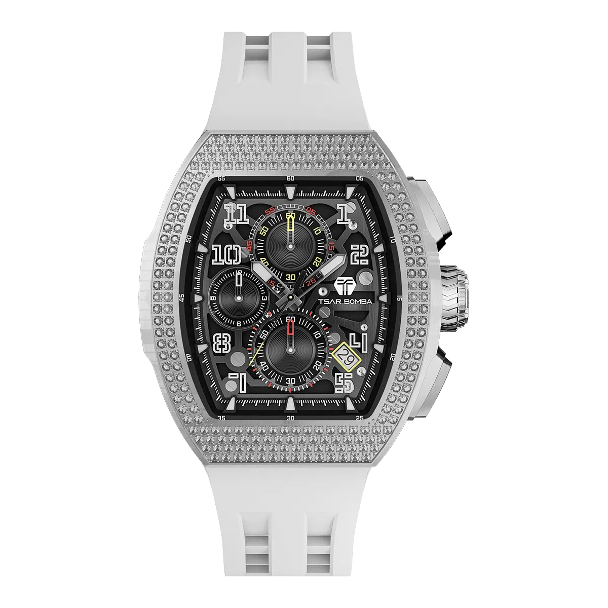 The TSAR BOMBA Atomic TB8214D interchangebale tonneau quartz watch. cubic-zirconia-bezel-and-white-interchangeable strap.  The Multifunction dial design, the multifunction dial features a chronograph minute sub-dial at the 12 o'clock position, a date display between the 4 and 5 o'clock positions, a seconds sub-dial at the 6 o'clock position, and an hour chronograph sub-dial at the 9 o'clock position. --Front-view