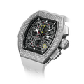 The TSAR BOMBA Atomic TB8214D interchangebale tonneau quartz watch. cubic-zirconia-bezel-and-white-interchangeable strap.  The Multifunction dial design, the multifunction dial features a chronograph minute sub-dial at the 12 o'clock position, a date display between the 4 and 5 o'clock positions, a seconds sub-dial at the 6 o'clock position, and an hour chronograph sub-dial at the 9 o'clock position. --Left three-quarter-angled-view