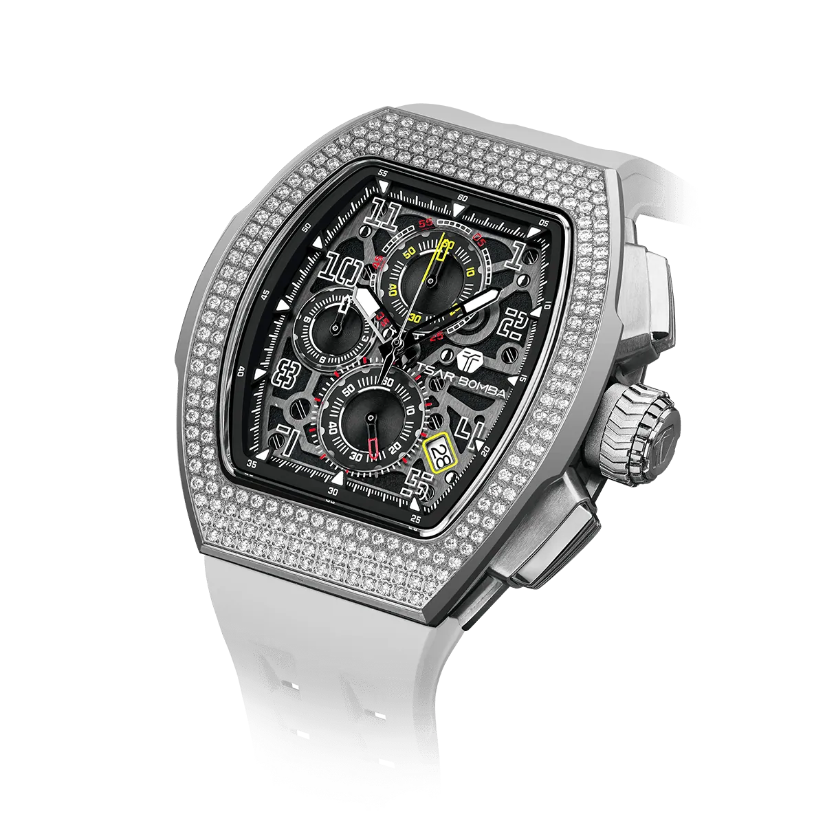 The TSAR BOMBA Atomic TB8214D interchangebale tonneau quartz watch. cubic-zirconia-bezel-and-white-interchangeable strap.  The Multifunction dial design, the multifunction dial features a chronograph minute sub-dial at the 12 o'clock position, a date display between the 4 and 5 o'clock positions, a seconds sub-dial at the 6 o'clock position, and an hour chronograph sub-dial at the 9 o'clock position. --Left three-quarter-angled-view