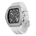 The TSAR BOMBA Atomic TB8214D interchangebale tonneau quartz watch. cubic-zirconia-bezel-and-white-interchangeable strap.  The Multifunction dial design, the multifunction dial features a chronograph minute sub-dial at the 12 o'clock position, a date display between the 4 and 5 o'clock positions, a seconds sub-dial at the 6 o'clock position, and an hour chronograph sub-dial at the 9 o'clock position. --Left three-quarter-view