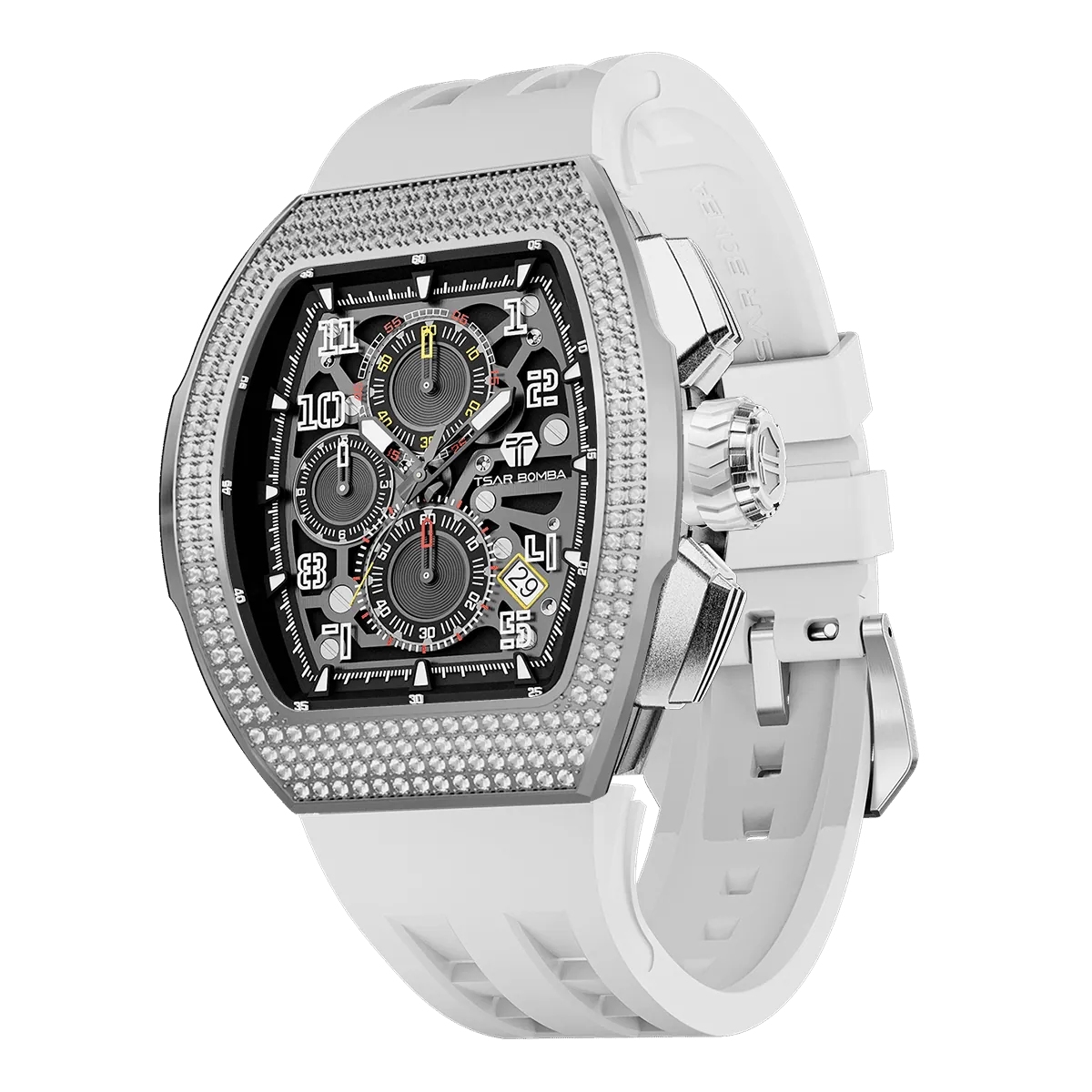 The TSAR BOMBA Atomic TB8214D interchangebale tonneau quartz watch. cubic-zirconia-bezel-and-white-interchangeable strap.  The Multifunction dial design, the multifunction dial features a chronograph minute sub-dial at the 12 o'clock position, a date display between the 4 and 5 o'clock positions, a seconds sub-dial at the 6 o'clock position, and an hour chronograph sub-dial at the 9 o'clock position. --Left three-quarter-view