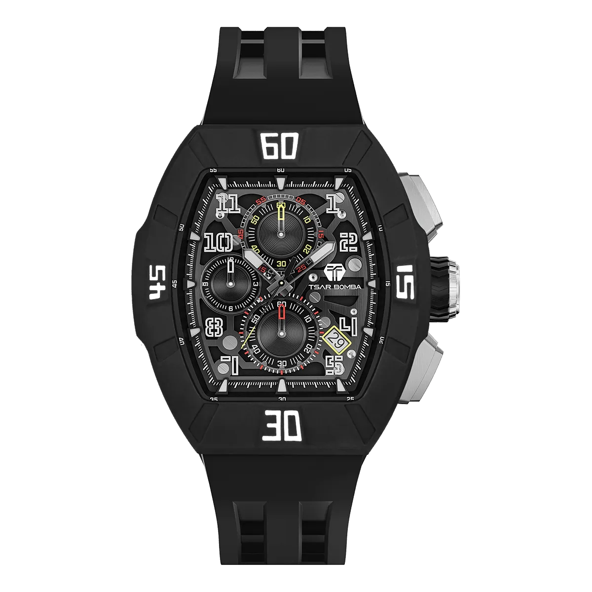 The TSAR BOMBA Atomic TB8214DF interchangebale tonneau quartz watch. fluororubber-dynamic-black-bezel-and-black-interchangeable strap.   The Multifunction dial design, the multifunction dial features a chronograph minute sub-dial at the 12 o'clock position, a date display between the 4 and 5 o'clock positions, a seconds sub-dial at the 6 o'clock position, and an hour chronograph sub-dial at the 9 o'clock position. --Front-view