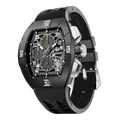 The TSAR BOMBA Atomic TB8214DF interchangebale tonneau quartz watch. fluororubber-dynamic-black-bezel-and-black-interchangeable strap.   The Multifunction dial design, the multifunction dial features a chronograph minute sub-dial at the 12 o'clock position, a date display between the 4 and 5 o'clock positions, a seconds sub-dial at the 6 o'clock position, and an hour chronograph sub-dial at the 9 o'clock position. --Left three-quarter-view