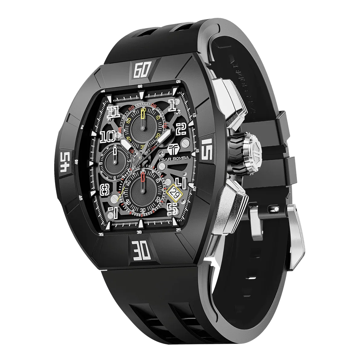 The TSAR BOMBA Atomic TB8214DF interchangebale tonneau quartz watch. fluororubber-dynamic-black-bezel-and-black-interchangeable strap.   The Multifunction dial design, the multifunction dial features a chronograph minute sub-dial at the 12 o'clock position, a date display between the 4 and 5 o'clock positions, a seconds sub-dial at the 6 o'clock position, and an hour chronograph sub-dial at the 9 o'clock position. --Left three-quarter-view