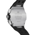The TSAR BOMBA Atomic TB8214DF interchangebale tonneau quartz watch. fluororubber-dynamic-black-bezel-and-black-interchangeable strap.   The Multifunction dial design, the multifunction dial features a chronograph minute sub-dial at the 12 o'clock position, a date display between the 4 and 5 o'clock positions, a seconds sub-dial at the 6 o'clock position, and an hour chronograph sub-dial at the 9 o'clock position. --Rear-view