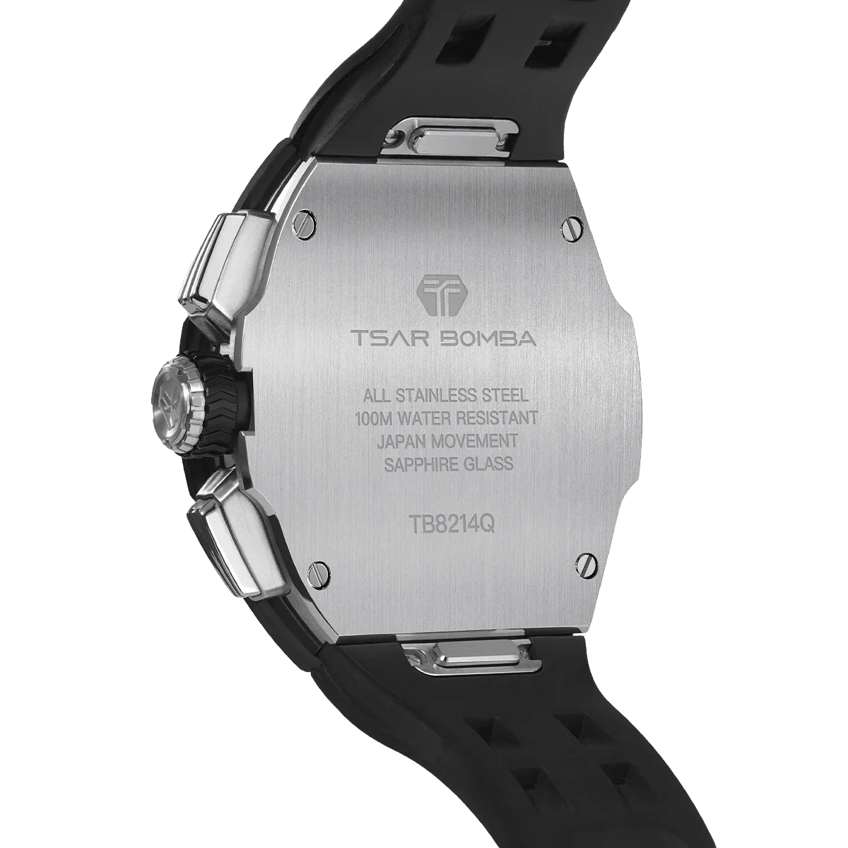 The TSAR BOMBA Atomic TB8214DF interchangebale tonneau quartz watch. fluororubber-dynamic-black-bezel-and-black-interchangeable strap.   The Multifunction dial design, the multifunction dial features a chronograph minute sub-dial at the 12 o'clock position, a date display between the 4 and 5 o'clock positions, a seconds sub-dial at the 6 o'clock position, and an hour chronograph sub-dial at the 9 o'clock position. --Rear-view