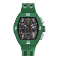 The TSAR BOMBA Atomic TB8214F interchangebale tonneau quartz watch. fluororubber-dynamic-green-bezel-and-blue-interchangeable strap.   The Multifunction dial design, the multifunction dial features a chronograph minute sub-dial at the 12 o'clock position, a date display between the 4 and 5 o'clock positions, a seconds sub-dial at the 6 o'clock position, and an hour chronograph sub-dial at the 9 o'clock position. --Front-view