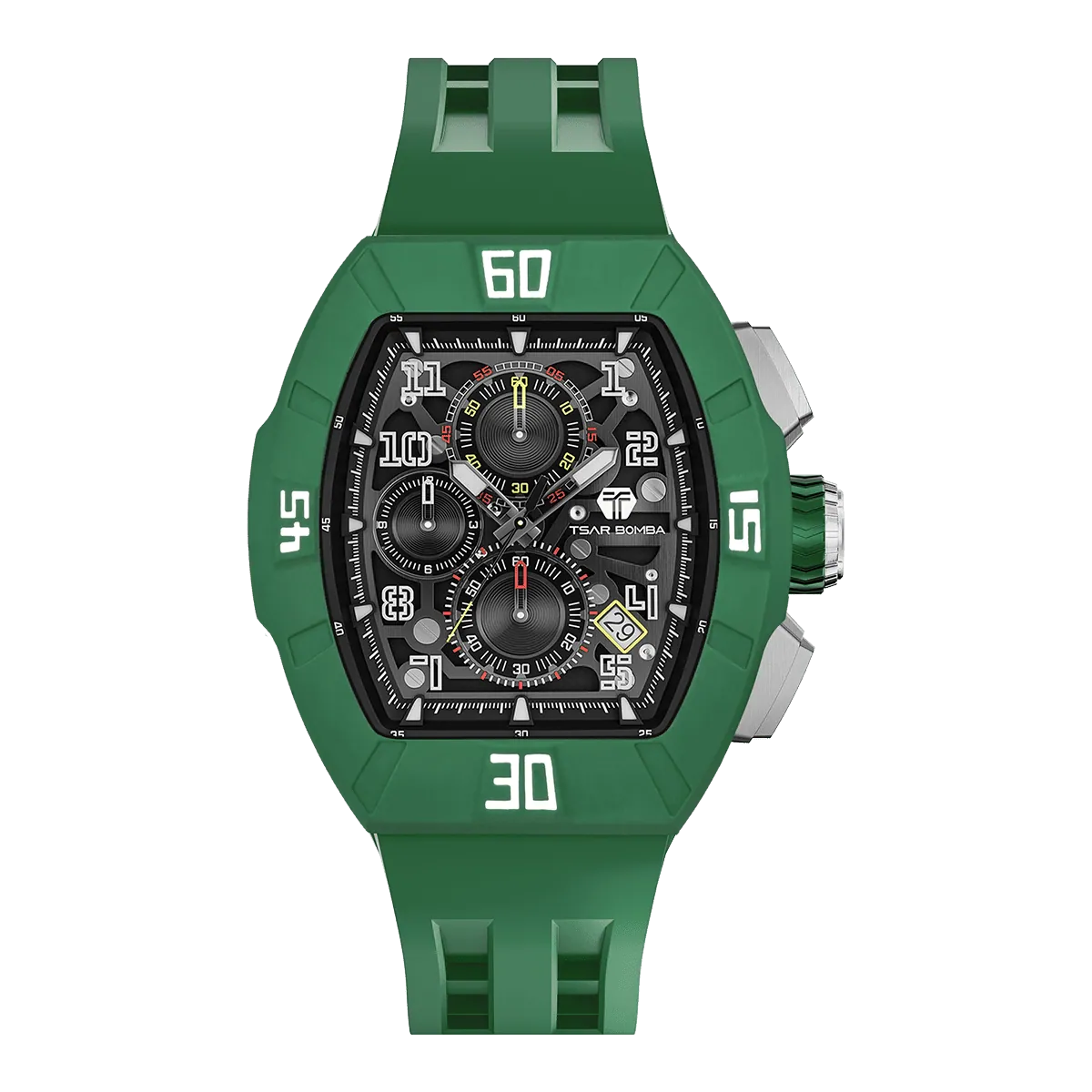 The TSAR BOMBA Atomic TB8214F interchangebale tonneau quartz watch. fluororubber-dynamic-green-bezel-and-blue-interchangeable strap.   The Multifunction dial design, the multifunction dial features a chronograph minute sub-dial at the 12 o'clock position, a date display between the 4 and 5 o'clock positions, a seconds sub-dial at the 6 o'clock position, and an hour chronograph sub-dial at the 9 o'clock position. --Front-view