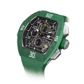 The TSAR BOMBA Atomic TB8214F interchangebale tonneau quartz watch. fluororubber-dynamic-green-bezel-and-blue-interchangeable strap.   The Multifunction dial design, the multifunction dial features a chronograph minute sub-dial at the 12 o'clock position, a date display between the 4 and 5 o'clock positions, a seconds sub-dial at the 6 o'clock position, and an hour chronograph sub-dial at the 9 o'clock position. --Left three-quarter-angled-view