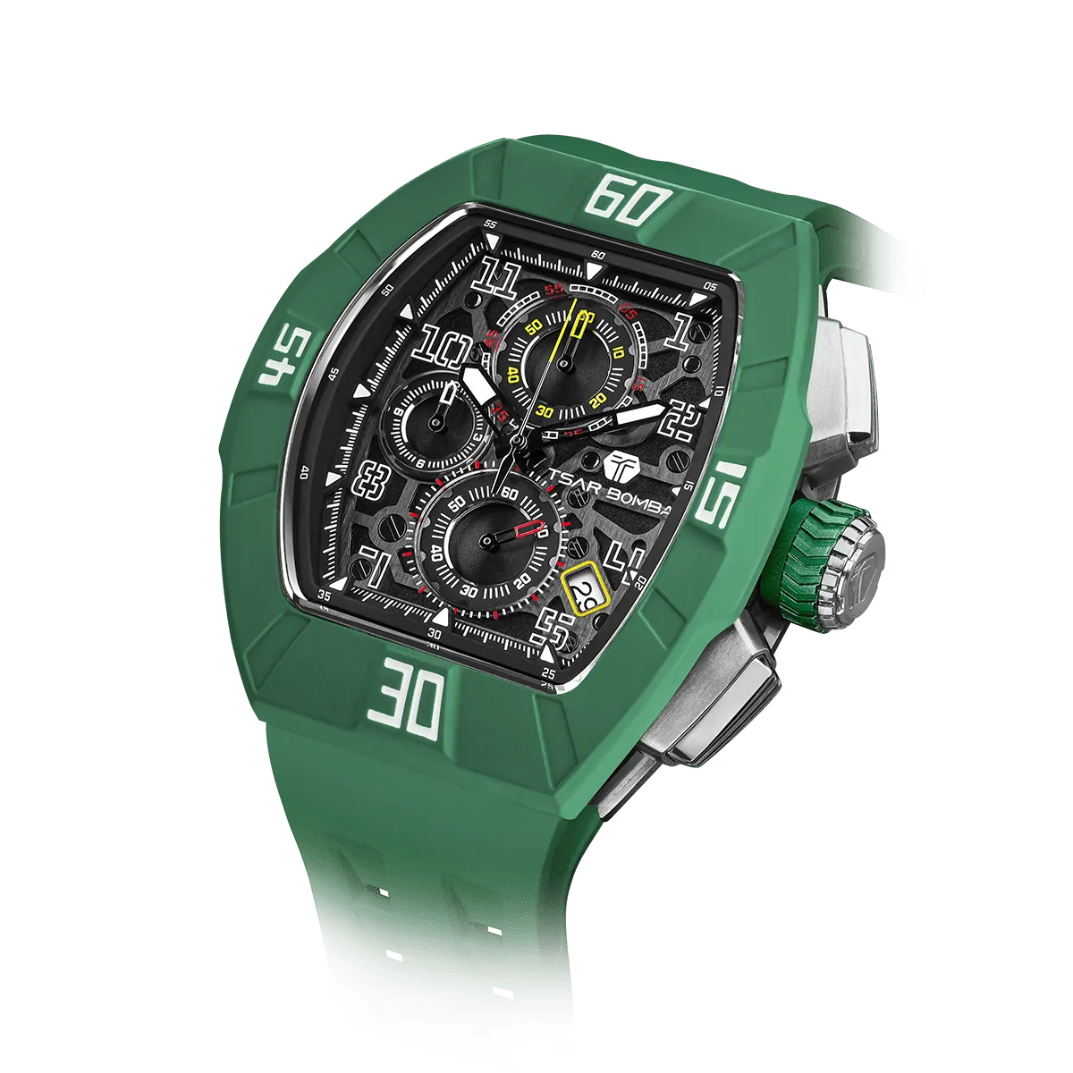 The TSAR BOMBA Atomic TB8214F interchangebale tonneau quartz watch. fluororubber-dynamic-green-bezel-and-blue-interchangeable strap.   The Multifunction dial design, the multifunction dial features a chronograph minute sub-dial at the 12 o'clock position, a date display between the 4 and 5 o'clock positions, a seconds sub-dial at the 6 o'clock position, and an hour chronograph sub-dial at the 9 o'clock position. --Left three-quarter-angled-view