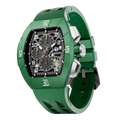 The TSAR BOMBA Atomic TB8214F interchangebale tonneau quartz watch. fluororubber-dynamic-green-bezel-and-blue-interchangeable strap.   The Multifunction dial design, the multifunction dial features a chronograph minute sub-dial at the 12 o'clock position, a date display between the 4 and 5 o'clock positions, a seconds sub-dial at the 6 o'clock position, and an hour chronograph sub-dial at the 9 o'clock position. --Left three-quarter-view