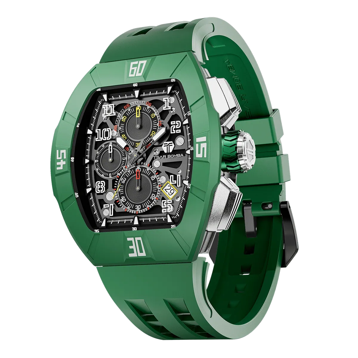 The TSAR BOMBA Atomic TB8214F interchangebale tonneau quartz watch. fluororubber-dynamic-green-bezel-and-blue-interchangeable strap.   The Multifunction dial design, the multifunction dial features a chronograph minute sub-dial at the 12 o'clock position, a date display between the 4 and 5 o'clock positions, a seconds sub-dial at the 6 o'clock position, and an hour chronograph sub-dial at the 9 o'clock position. --Left three-quarter-view