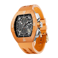 The TSAR BOMBA Atomic TB8214DF interchangebale tonneau quartz watch. fluororubber-dynamic-orange-bezel-and-orange-interchangeable strap.   The Multifunction dial design, the multifunction dial features a chronograph minute sub-dial at the 12 o'clock position, a date display between the 4 and 5 o'clock positions, a seconds sub-dial at the 6 o'clock position, and an hour chronograph sub-dial at the 9 o'clock position. --Left three-quarter-view