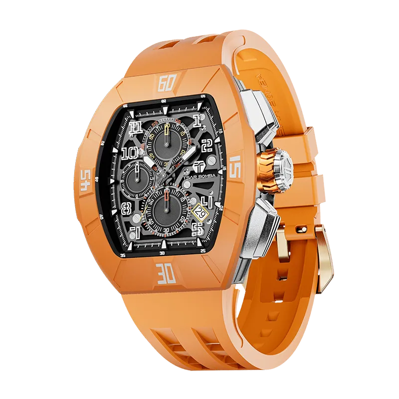 The TSAR BOMBA Atomic TB8214DF interchangebale tonneau quartz watch. fluororubber-dynamic-orange-bezel-and-orange-interchangeable strap.   The Multifunction dial design, the multifunction dial features a chronograph minute sub-dial at the 12 o'clock position, a date display between the 4 and 5 o'clock positions, a seconds sub-dial at the 6 o'clock position, and an hour chronograph sub-dial at the 9 o'clock position. --Left three-quarter-view