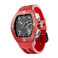The TSAR BOMBA Atomic TB8214DF interchangebale tonneau quartz watch. fluororubber-dynamic-red-bezel-and-red-interchangeable strap.   The Multifunction dial design, the multifunction dial features a chronograph minute sub-dial at the 12 o'clock position, a date display between the 4 and 5 o'clock positions, a seconds sub-dial at the 6 o'clock position, and an hour chronograph sub-dial at the 9 o'clock position. --Left three-quarter-view