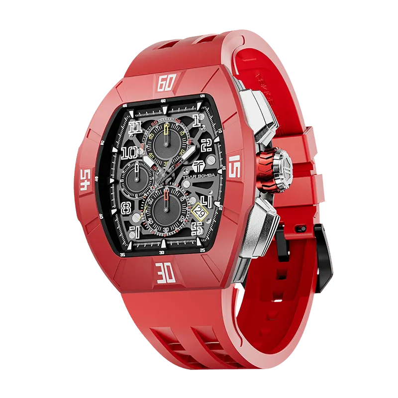 The TSAR BOMBA Atomic TB8214DF interchangebale tonneau quartz watch. fluororubber-dynamic-red-bezel-and-red-interchangeable strap.   The Multifunction dial design, the multifunction dial features a chronograph minute sub-dial at the 12 o'clock position, a date display between the 4 and 5 o'clock positions, a seconds sub-dial at the 6 o'clock position, and an hour chronograph sub-dial at the 9 o'clock position. --Left three-quarter-view