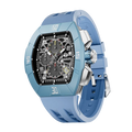 The TSAR BOMBA Atomic TB8214DF interchangebale tonneau quartz watch. fluororubber-dynamic-light-bule-bezel-and-lighe-blue-interchangeable strap.   The Multifunction dial design, the multifunction dial features a chronograph minute sub-dial at the 12 o'clock position, a date display between the 4 and 5 o'clock positions, a seconds sub-dial at the 6 o'clock position, and an hour chronograph sub-dial at the 9 o'clock position. --Left three-quarter-view