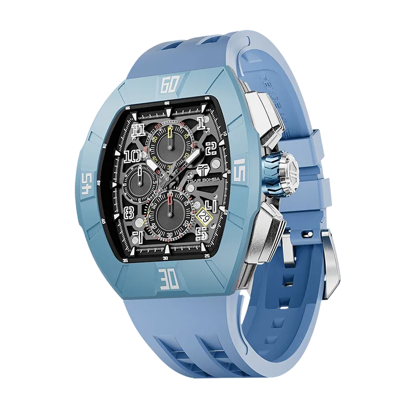 The TSAR BOMBA Atomic TB8214DF interchangebale tonneau quartz watch. fluororubber-dynamic-light-bule-bezel-and-lighe-blue-interchangeable strap.   The Multifunction dial design, the multifunction dial features a chronograph minute sub-dial at the 12 o'clock position, a date display between the 4 and 5 o'clock positions, a seconds sub-dial at the 6 o'clock position, and an hour chronograph sub-dial at the 9 o'clock position. --Left three-quarter-view