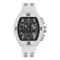 The TSAR BOMBA Atomic TB8214DF interchangebale tonneau quartz watch. fluororubber-dynamic-white-bezel-and-white-interchangeable strap.   The Multifunction dial design, the multifunction dial features a chronograph minute sub-dial at the 12 o'clock position, a date display between the 4 and 5 o'clock positions, a seconds sub-dial at the 6 o'clock position, and an hour chronograph sub-dial at the 9 o'clock position. --Front-view