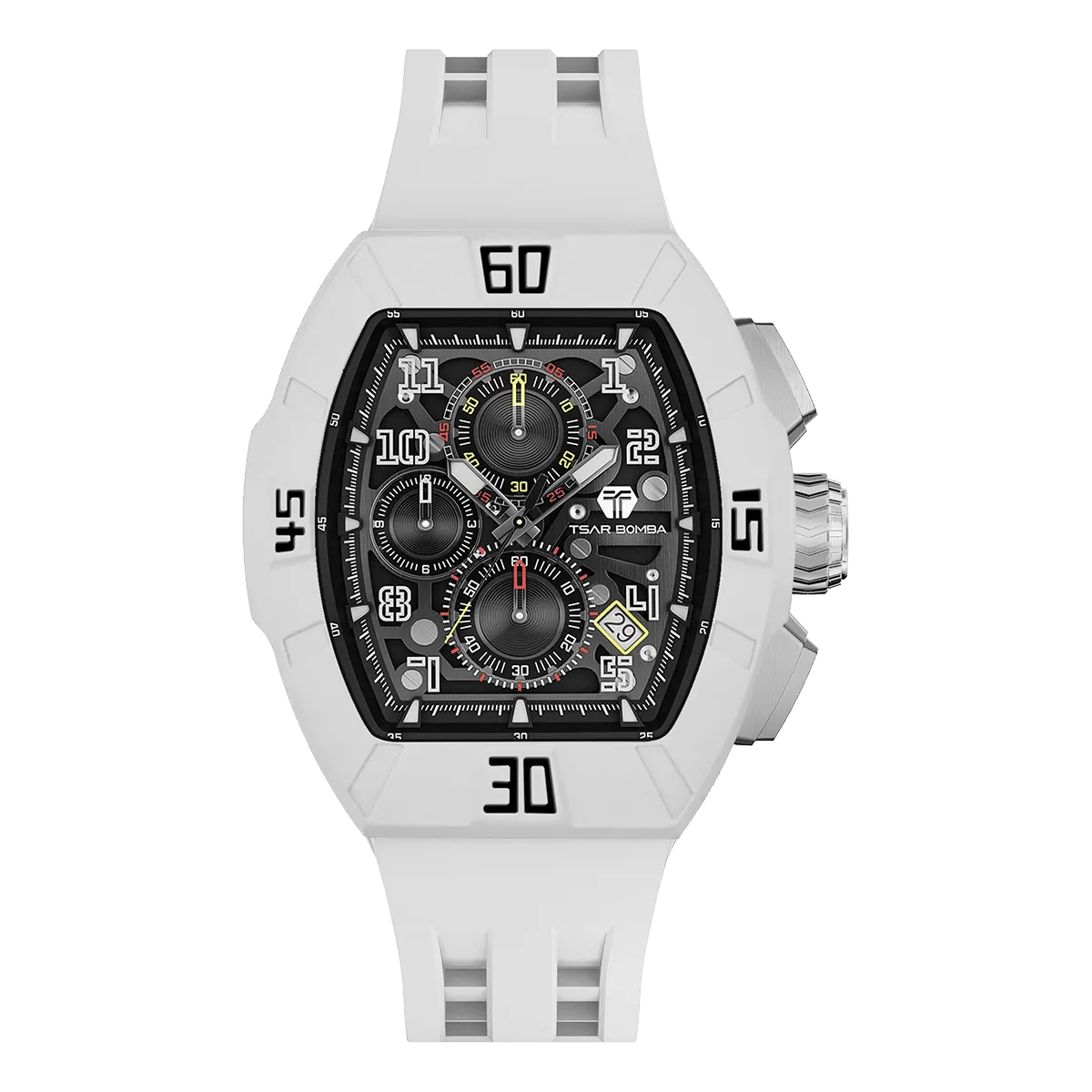 The TSAR BOMBA Atomic TB8214DF interchangebale tonneau quartz watch. fluororubber-dynamic-white-bezel-and-white-interchangeable strap.   The Multifunction dial design, the multifunction dial features a chronograph minute sub-dial at the 12 o'clock position, a date display between the 4 and 5 o'clock positions, a seconds sub-dial at the 6 o'clock position, and an hour chronograph sub-dial at the 9 o'clock position. --Front-view