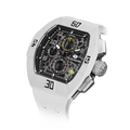 The TSAR BOMBA Atomic TB8214DF interchangebale tonneau quartz watch. fluororubber-dynamic-white-bezel-and-white-interchangeable strap.   The Multifunction dial design, the multifunction dial features a chronograph minute sub-dial at the 12 o'clock position, a date display between the 4 and 5 o'clock positions, a seconds sub-dial at the 6 o'clock position, and an hour chronograph sub-dial at the 9 o'clock position. --Left three-quarter-angled-view