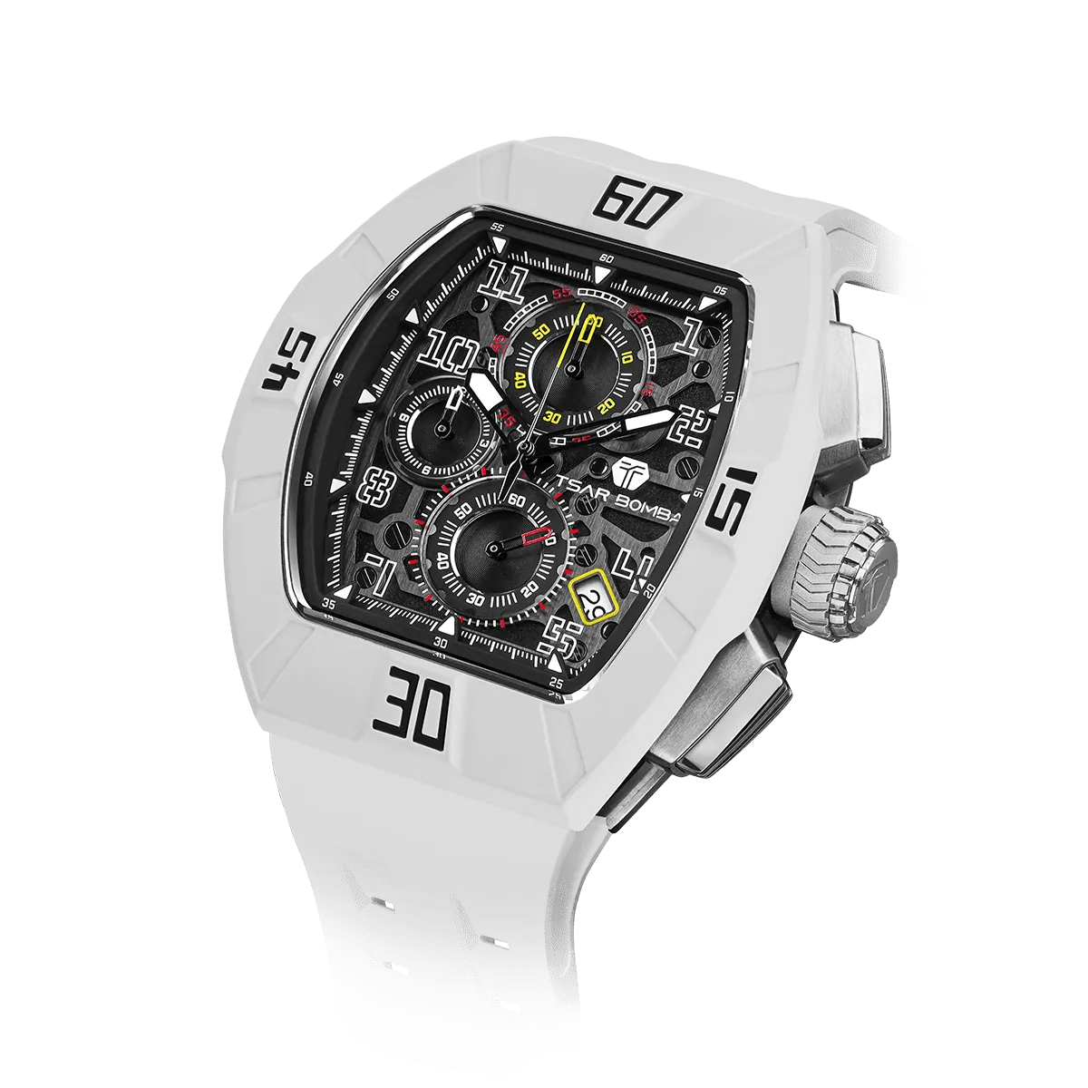 The TSAR BOMBA Atomic TB8214DF interchangebale tonneau quartz watch. fluororubber-dynamic-white-bezel-and-white-interchangeable strap.   The Multifunction dial design, the multifunction dial features a chronograph minute sub-dial at the 12 o'clock position, a date display between the 4 and 5 o'clock positions, a seconds sub-dial at the 6 o'clock position, and an hour chronograph sub-dial at the 9 o'clock position. --Left three-quarter-angled-view