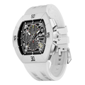 The TSAR BOMBA Atomic TB8214F interchangebale tonneau quartz watch. fluororubber-dynamic-white-bezel-and-white-interchangeable strap.   The Multifunction dial design, the multifunction dial features a chronograph minute sub-dial at the 12 o'clock position, a date display between the 4 and 5 o'clock positions, a seconds sub-dial at the 6 o'clock position, and an hour chronograph sub-dial at the 9 o'clock position. --Left three-quarter-view