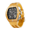The TSAR BOMBA Atomic TB8214DF interchangebale tonneau quartz watch. fluororubber-dynamic-yellow-bezel-and-yellow-interchangeable strap.   The Multifunction dial design, the multifunction dial features a chronograph minute sub-dial at the 12 o'clock position, a date display between the 4 and 5 o'clock positions, a seconds sub-dial at the 6 o'clock position, and an hour chronograph sub-dial at the 9 o'clock position. --Left three-quarter-view