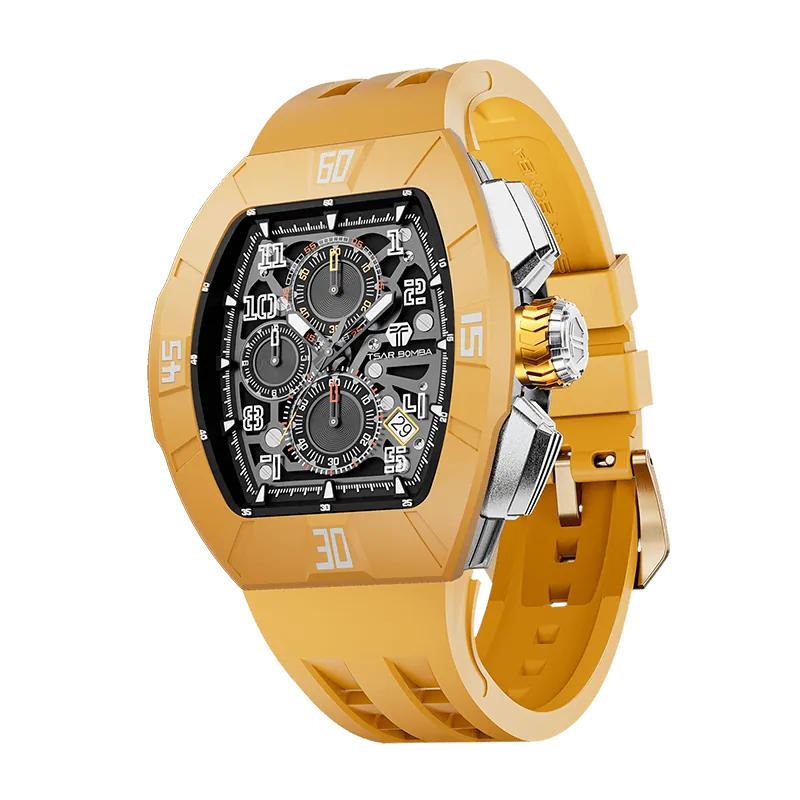 The TSAR BOMBA Atomic TB8214DF interchangebale tonneau quartz watch. fluororubber-dynamic-yellow-bezel-and-yellow-interchangeable strap.   The Multifunction dial design, the multifunction dial features a chronograph minute sub-dial at the 12 o'clock position, a date display between the 4 and 5 o'clock positions, a seconds sub-dial at the 6 o'clock position, and an hour chronograph sub-dial at the 9 o'clock position. --Left three-quarter-view