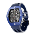 The TSAR BOMBA Atomic TB8214DF interchangebale tonneau quartz watch. fluororubber-dynamic-blue-bezel-and-blue-interchangeable strap.   The Multifunction dial design, the multifunction dial features a chronograph minute sub-dial at the 12 o'clock position, a date display between the 4 and 5 o'clock positions, a seconds sub-dial at the 6 o'clock position, and an hour chronograph sub-dial at the 9 o'clock position. --Left three-quarter-view