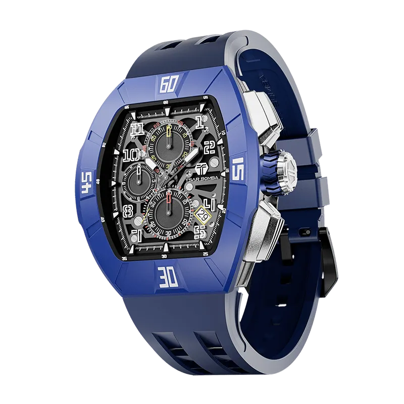 The TSAR BOMBA Atomic TB8214DF interchangebale tonneau quartz watch. fluororubber-dynamic-blue-bezel-and-blue-interchangeable strap.   The Multifunction dial design, the multifunction dial features a chronograph minute sub-dial at the 12 o'clock position, a date display between the 4 and 5 o'clock positions, a seconds sub-dial at the 6 o'clock position, and an hour chronograph sub-dial at the 9 o'clock position. --Left three-quarter-view