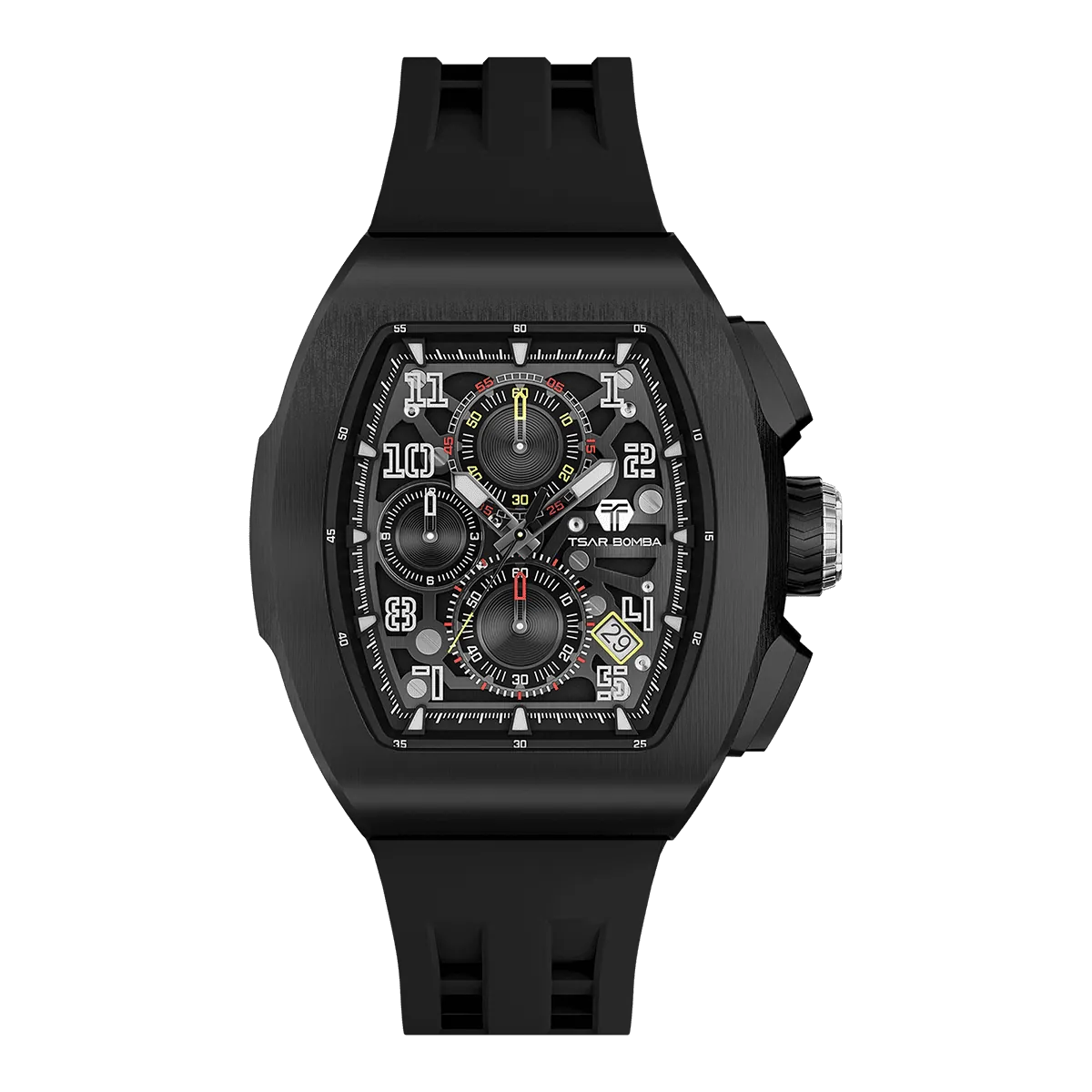 The TSAR BOMBA Atomic TB8214F interchangebale tonneau quartz watch. fluororubber
-black-bezel-and-balck-interchangeable strap.  The Multifunction dial design, the multifunction dial features a chronograph minute sub-dial at the 12 o'clock position, a date display between the 4 and 5 o'clock positions, a seconds sub-dial at the 6 o'clock position, and an hour chronograph sub-dial at the 9 o'clock position. --Front-view
