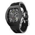 The TSAR BOMBA Atomic TB8214F interchangebale tonneau quartz watch. fluororubber
-black-bezel-and-balck-interchangeable strap.  The Multifunction dial design, the multifunction dial features a chronograph minute sub-dial at the 12 o'clock position, a date display between the 4 and 5 o'clock positions, a seconds sub-dial at the 6 o'clock position, and an hour chronograph sub-dial at the 9 o'clock position. --Left three-quarter-view